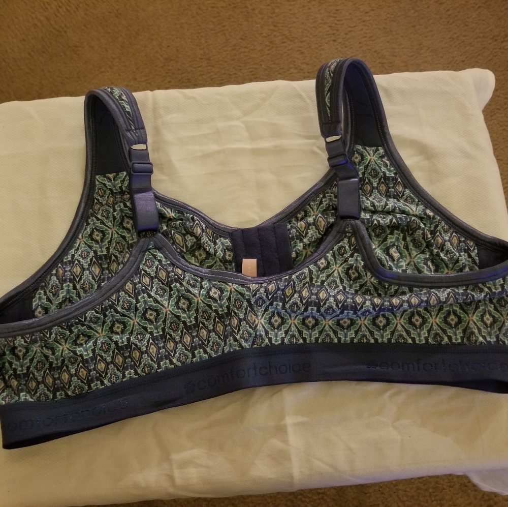 Woman Within Blue Patterned Front-Zip Comfort Choice Sports Bra - Picture 2 of 3